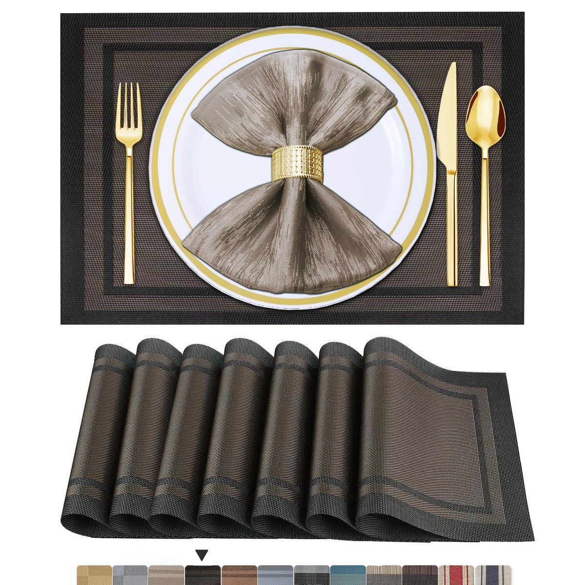 BETEAM Placemats Set of 8, Woven Vinyl Place Mats for Dining Table, Gray