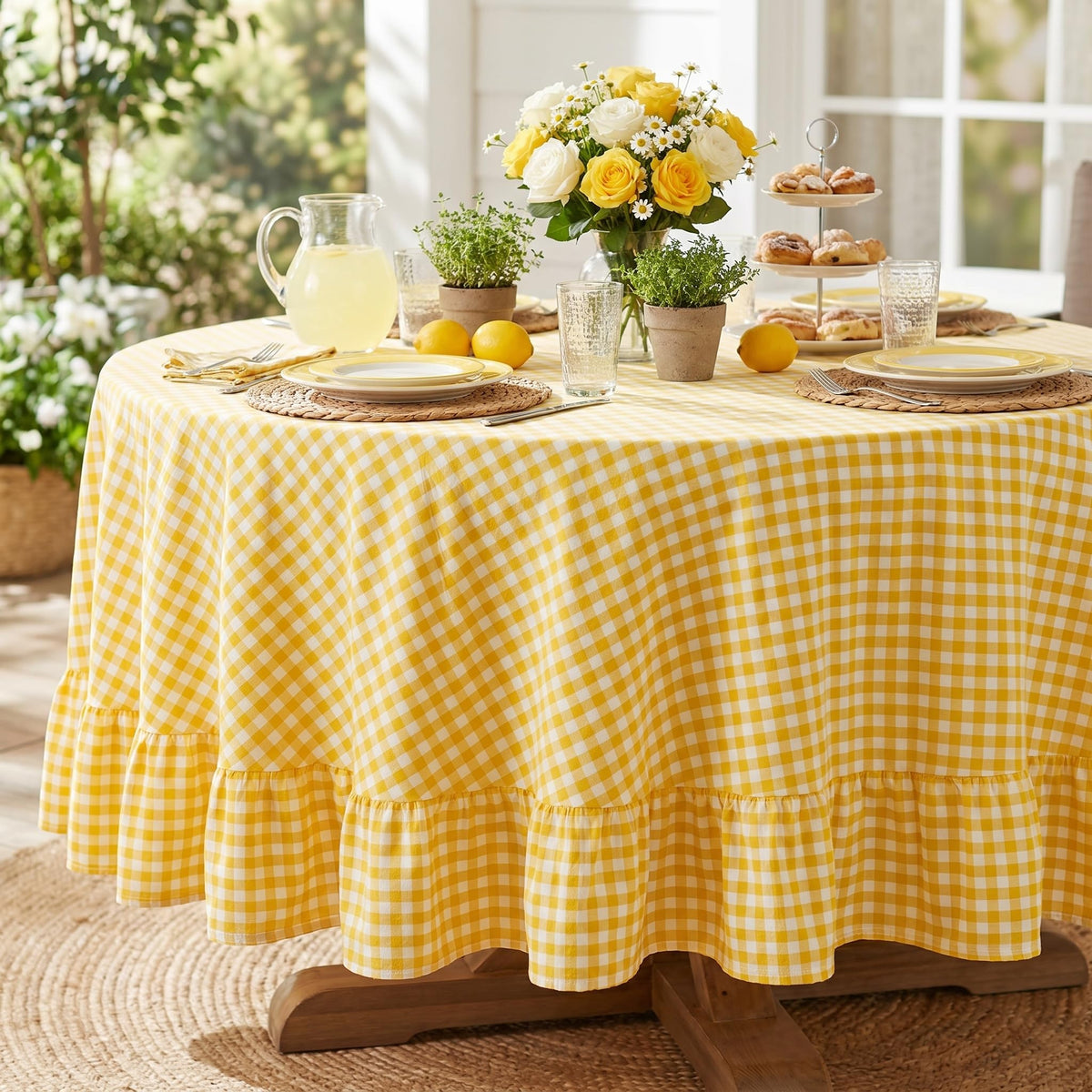 PartyDelight Gingham Ruffle Tablecloth Butter Yellow Washed Cotton Checkered Rectangular Table Cover for Farmhouse Kitchen Cute Cottagecore Birthday Party Decor, Soft Vintage (60x102 Fits 6-9 Seats)