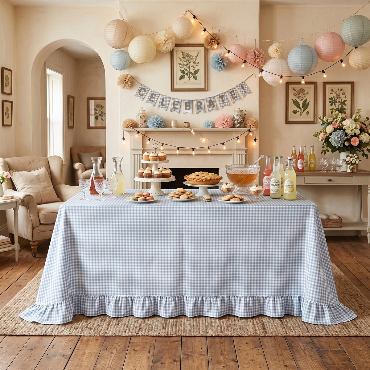 PartyDelight Gingham Ruffle Tablecloth Butter Yellow Washed Cotton Checkered Rectangular Table Cover for Farmhouse Kitchen Cute Cottagecore Birthday Party Decor, Soft Vintage (60x102 Fits 6-9 Seats)