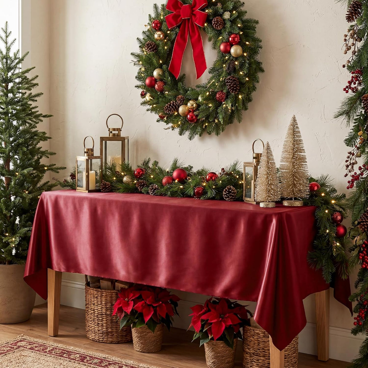 4 Pack Burgundy Satin Tablecloth 58 x 102 Inch Overlay Seamless Design