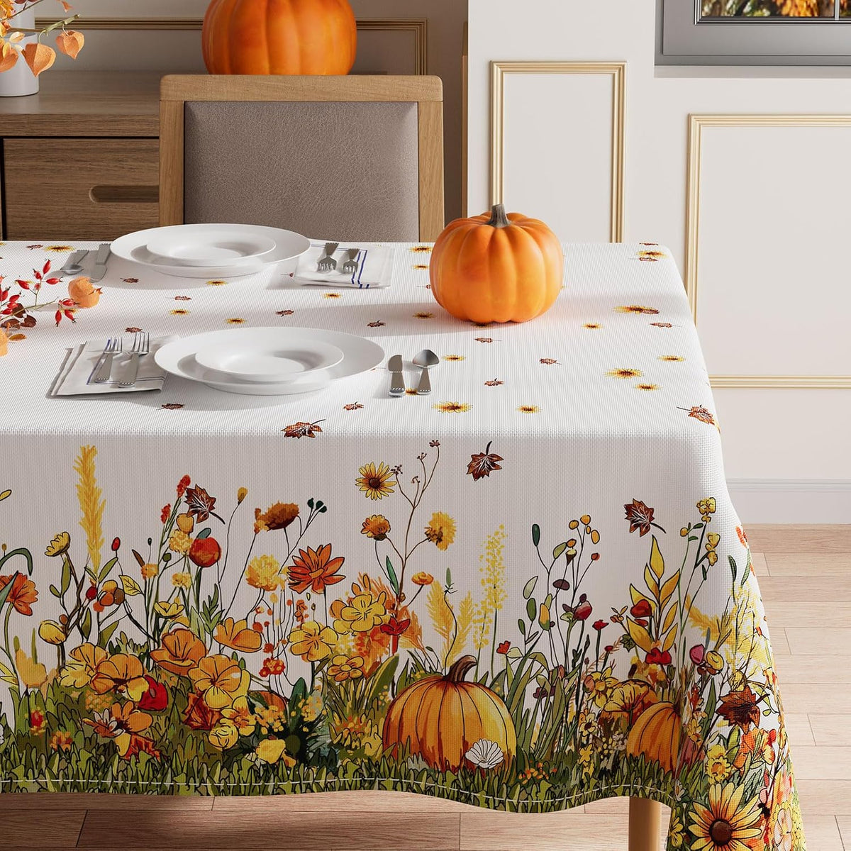XCHI Fall Wild Flowers Pumpkin Rectangle Tablecloth Decorations 60x104 Inch