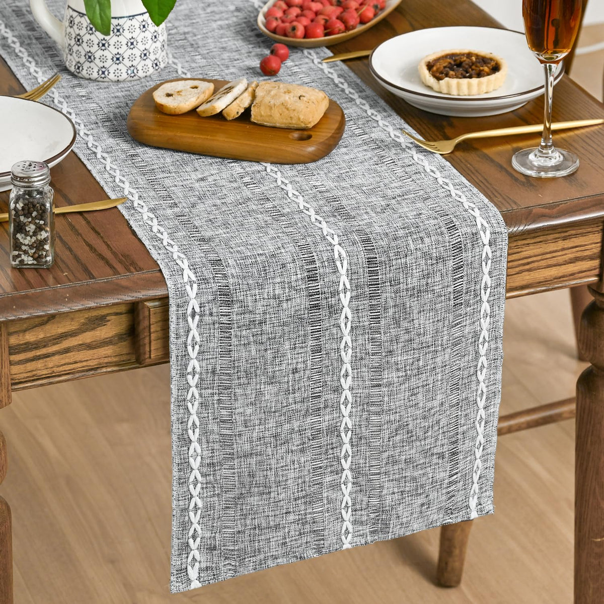 Artoid Mode Sage Green Rustic Cotton Linen Table Runner, Seasonal Embroidered Hollow Kitchen Dining Table Decoration for Home Party Decor 13x72 Inch