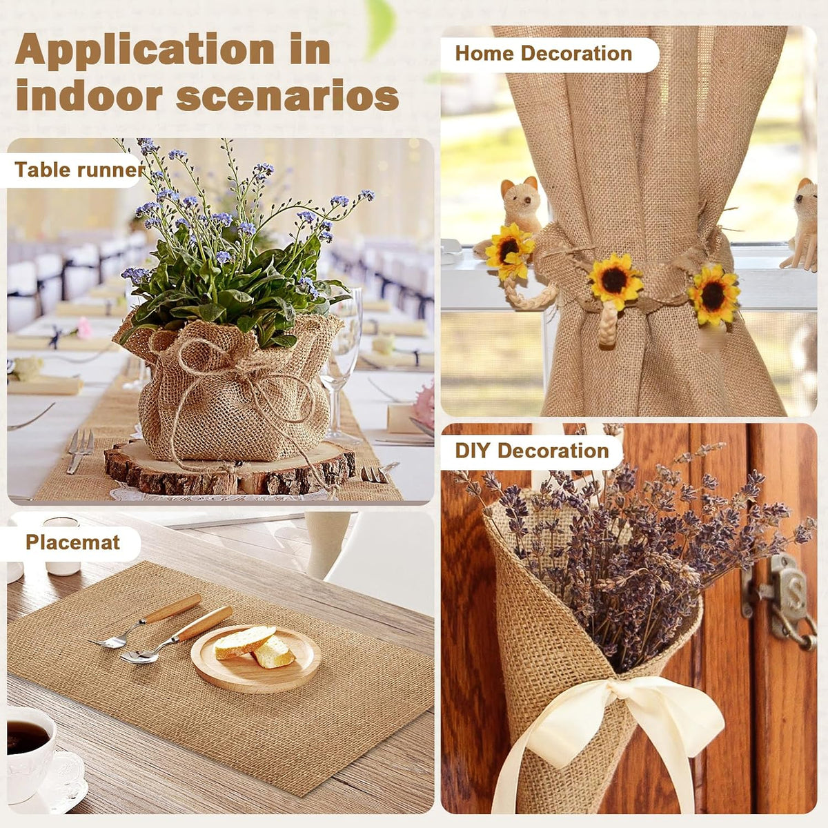 12" x 10 yd Burlap Table Runners, Jute Burlap Runner for Table, Fabric Roll with Finished Edges, Ideal for Weddings, Placemats, Crafts, Home Decoration, Gardening