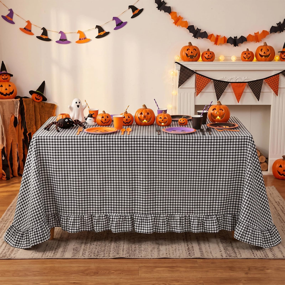 PartyDelight Gingham Ruffle Tablecloth Butter Yellow Washed Cotton Checkered Rectangular Table Cover for Farmhouse Kitchen Cute Cottagecore Birthday Party Decor, Soft Vintage (60x102 Fits 6-9 Seats)