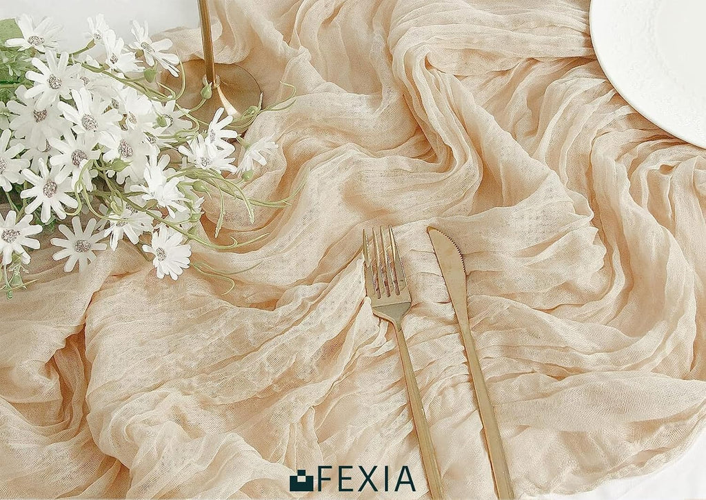 FEXIA Beige Cheesecloth Table Runner Gauze Rustic Boho Party Decoration