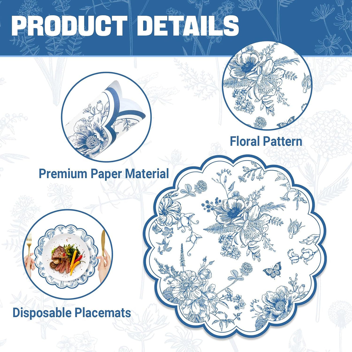 50 PCS Blue Floral Paper Placemats, 13.5 Inch Paper Placemats Disposable with Butterfly and Flowers Print, for Summer Wedding Decor Birthday Wildflower Party, Banquet Table Settings
