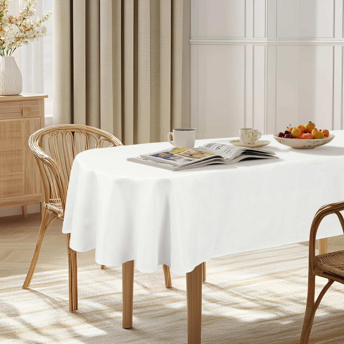 JIUZHEN Round Table Cloth Faux Linen Farmhouse Tablecloth Wrinkle and Stain Resistant Decorative Fabric Table Cover for Kitchen, Dining Room, Parties and Camping, Beige, 90 Inch Round