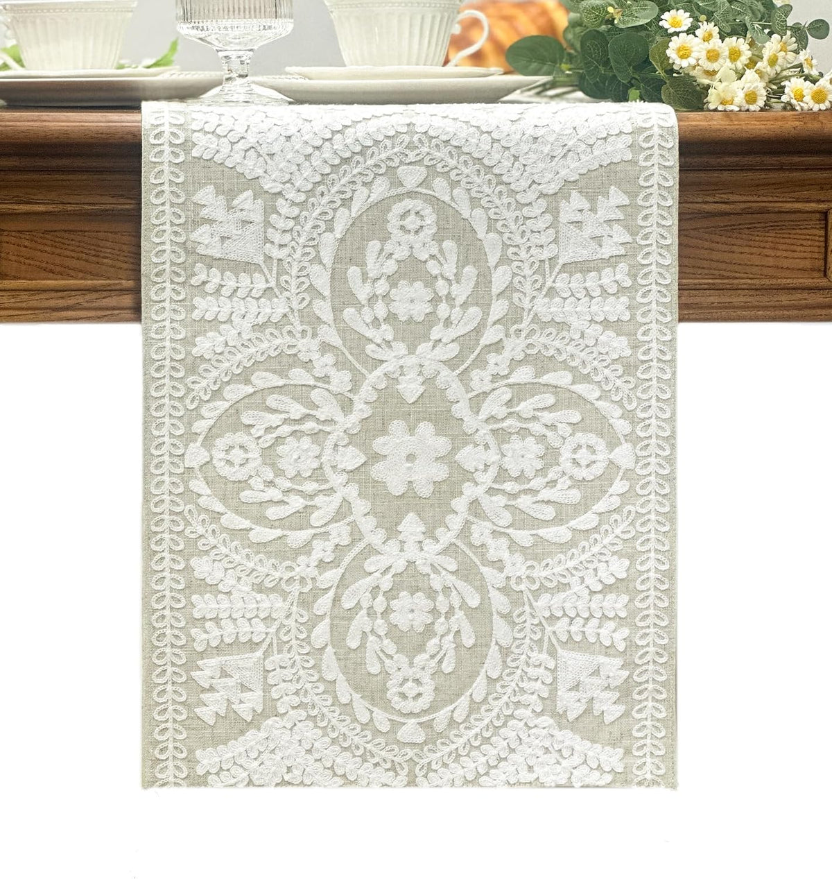 KEVA Boho Table Runner 36inches Long, Farmhouse Rustic Vintage White Embroidered Table Runners 13x36 Inch for Dining Table Decorations