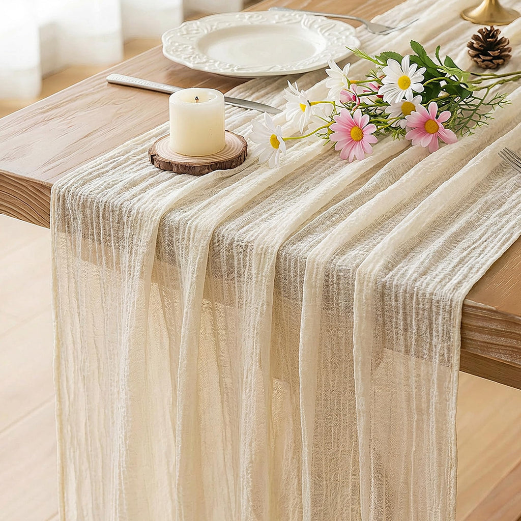 FEXIA Beige Cheesecloth Table Runner Gauze Rustic Boho Party Decoration