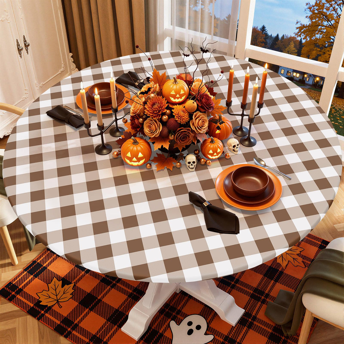 Smiry 45"-56" Picnic Table Cloth, Flannel Backed Vinyl Fitted Tablecloths