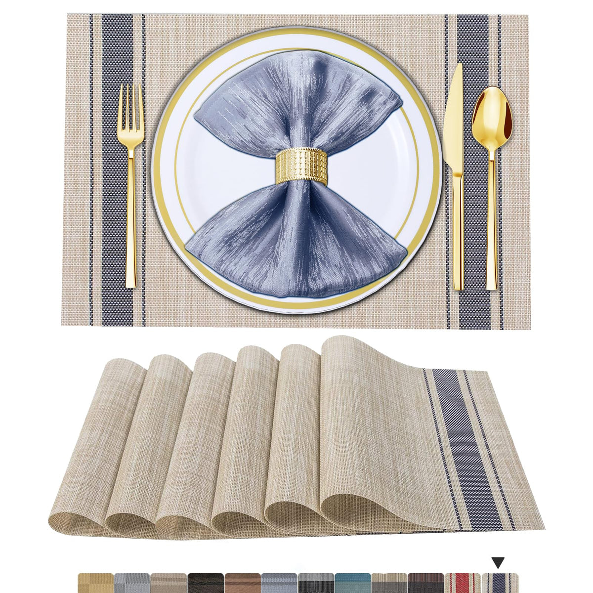BETEAM Placemats Set of 8, Woven Vinyl Place Mats for Dining Table, Gray