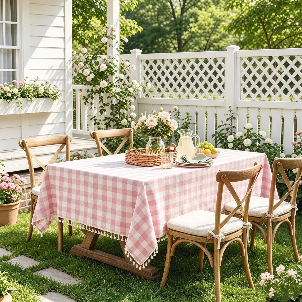 JIALE Gingham Tablecloth Rectangle Cotton Linen Fabric Checkered Table Cloth with Tassel Washable Wrinkle Free Buffalo Plaid Table Cover for Birthday Party Picnic Outdoor, Pink, 55x75