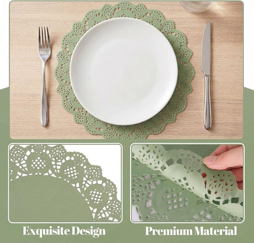 100 Pack 13.5 Inch Round Sage Green Paper Doilies, Disposable Lace Placemat