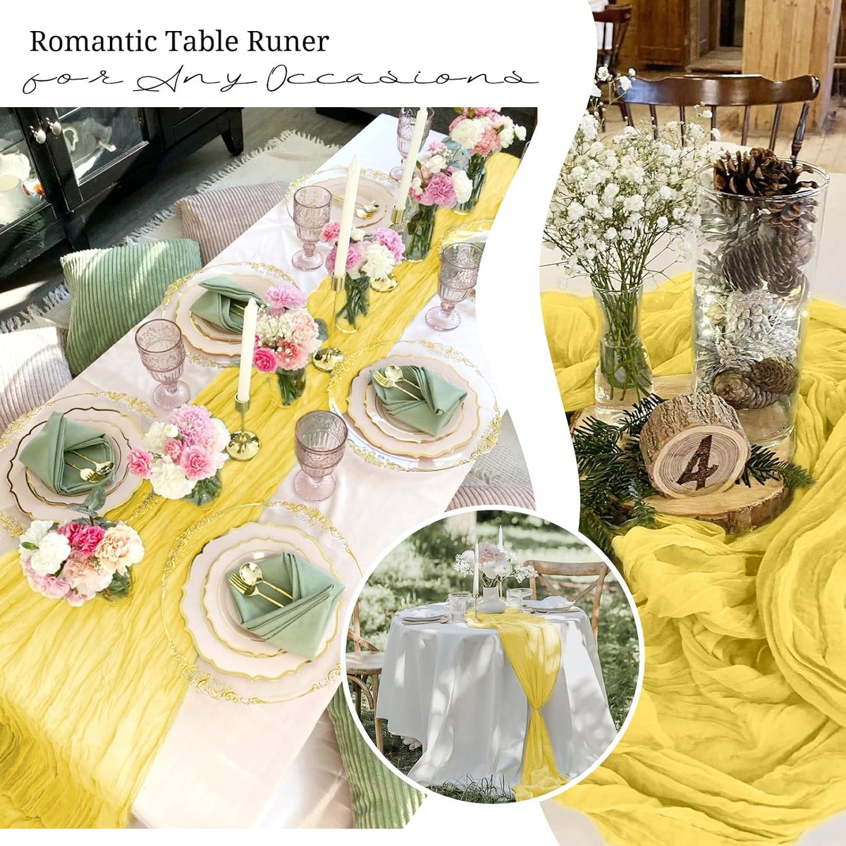 10 Pack Light Yellow Cheesecloth Table Runner 17x108 Inch Semi Sheer Boho Gauze Cheese Cloth Table Runners, for Wedding Bridal Shower Birthday Party Home Decor Garden Farmhouse