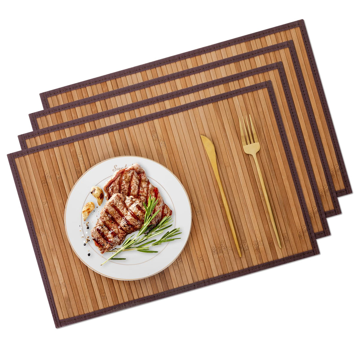 Bamboo Placemats Set of 4 with Fabric Border, Table Mats, Coffee