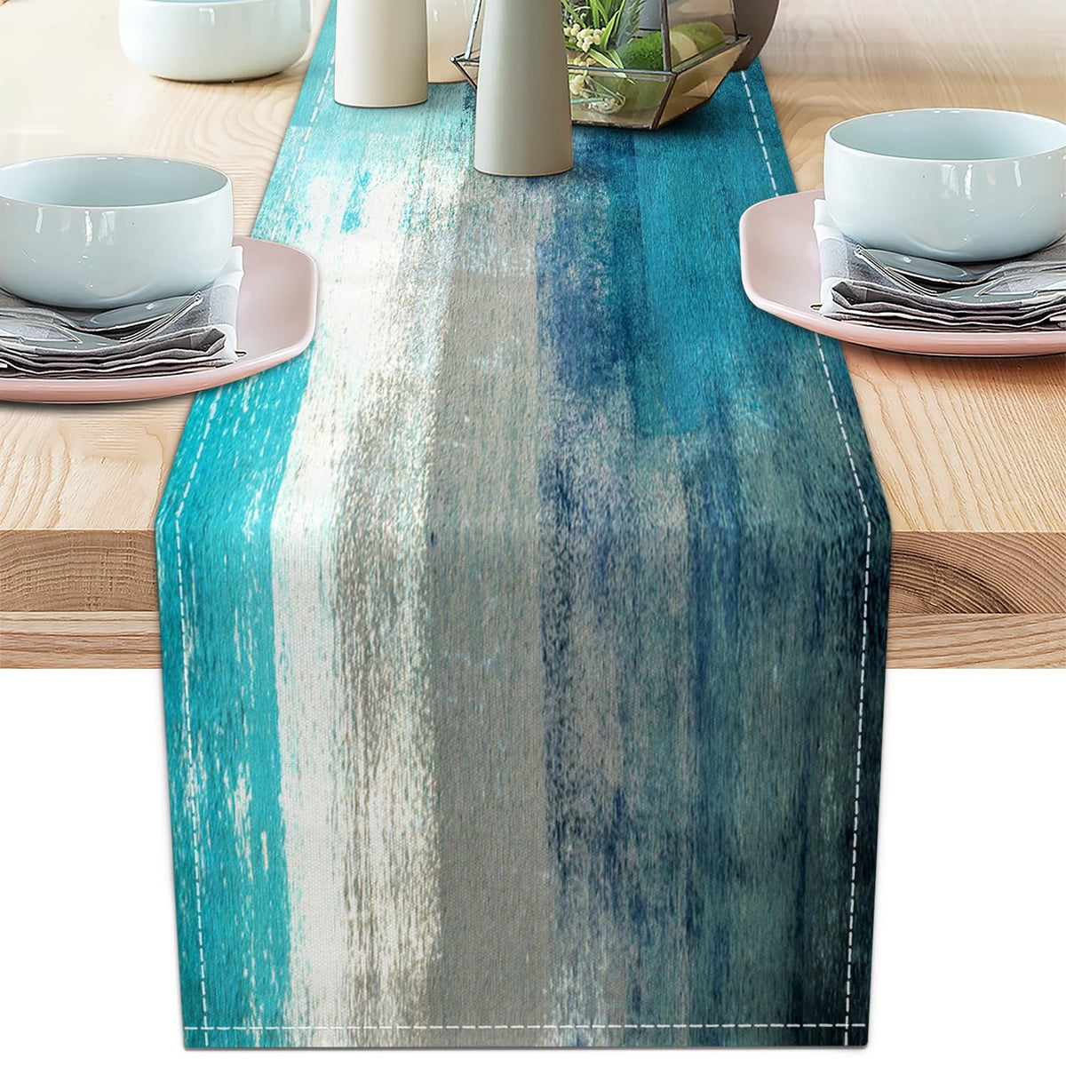 Blue Grey Table Runners Modern Art Farmhouse Linen Table Runners Dresser Scarves Retro Rustic Style for Party Kitchen Dining Table Coffee Holiday Party Decor (Blue Grey, 13"x 71")