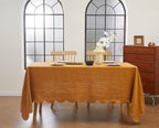 100% French Flax Linen Tablecloths Scalloped Embroidery Rectangle 132Lx60W Inch for Dinners, Parties, Spring, Machine Washable, 12-14 Sets, Linen(Edges-Gold)