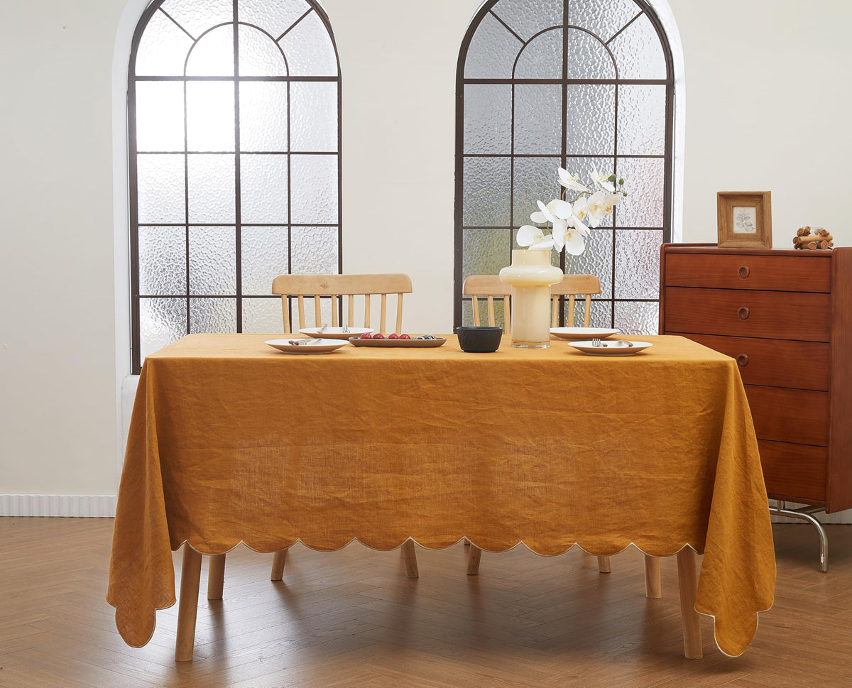 100% French Flax Linen Tablecloths Scalloped Embroidery Rectangle 132Lx60W Inch for Dinners, Parties, Spring, Machine Washable, 12-14 Sets, Linen(Edges-Gold)