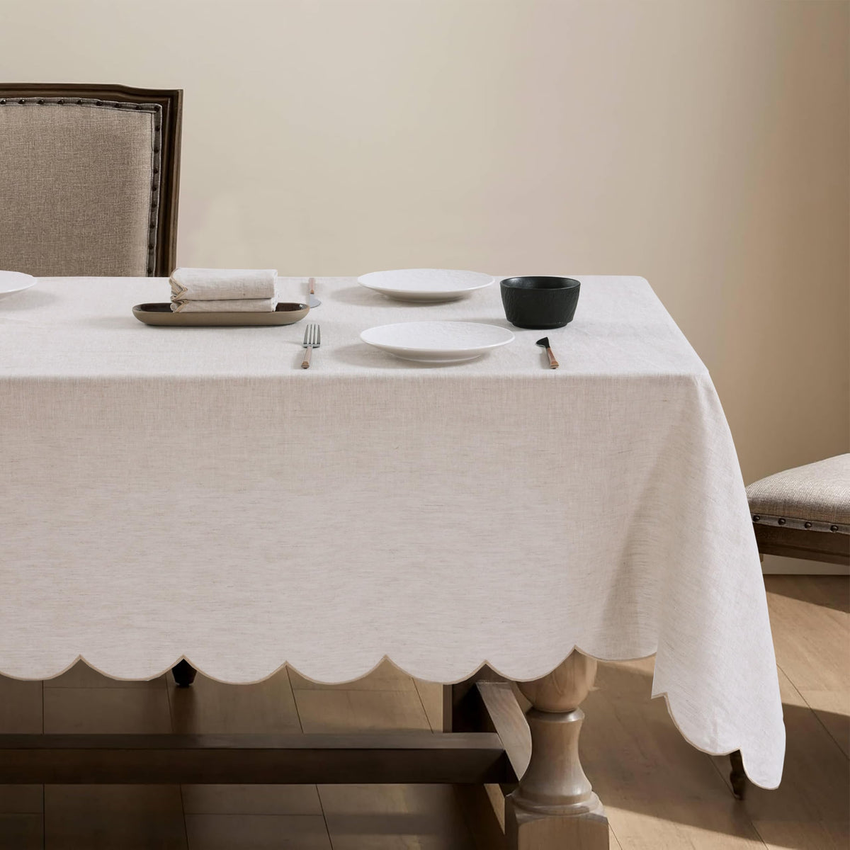 100% French Flax Linen Tablecloths Scalloped Embroidery Rectangle 132Lx60W Inch for Dinners, Parties, Spring, Machine Washable, 12-14 Sets, Linen(Edges-Gold)