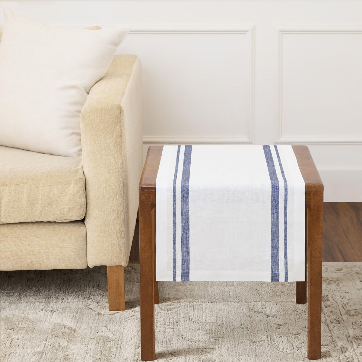 Solino Home 100% Pure Linen Table Runner, 14 x 108 in, Black, French Stripe