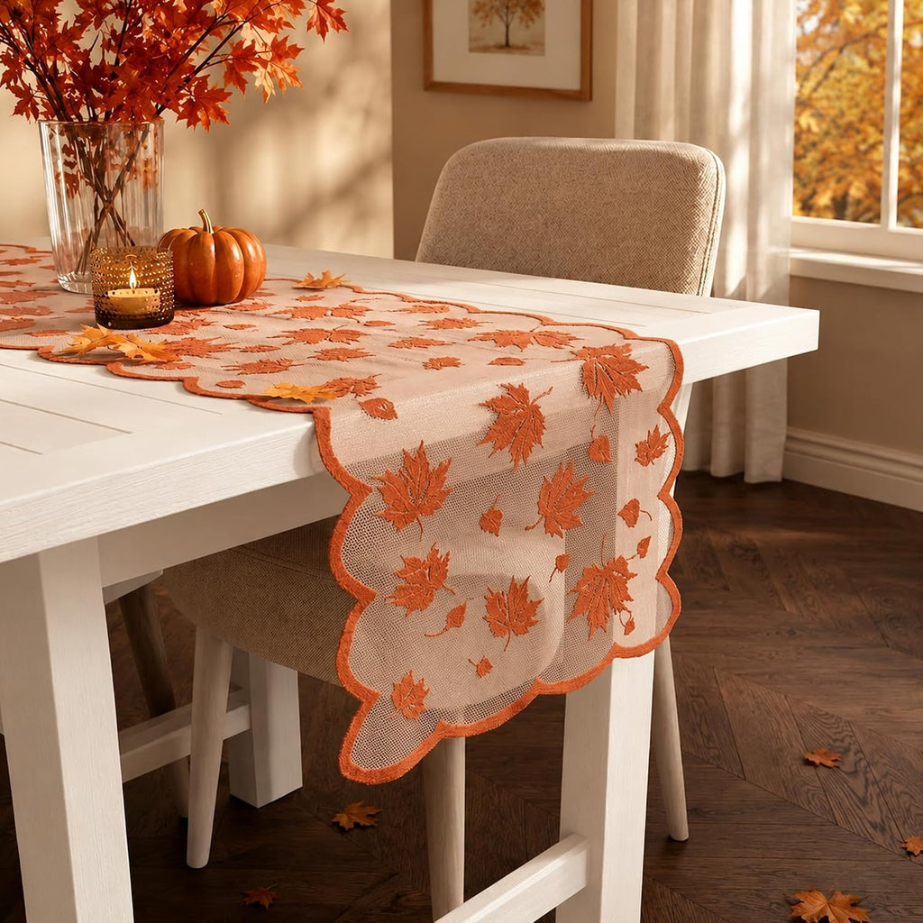 Fall Decorations for Home - Orange Lace Fall Leaves Table Runner