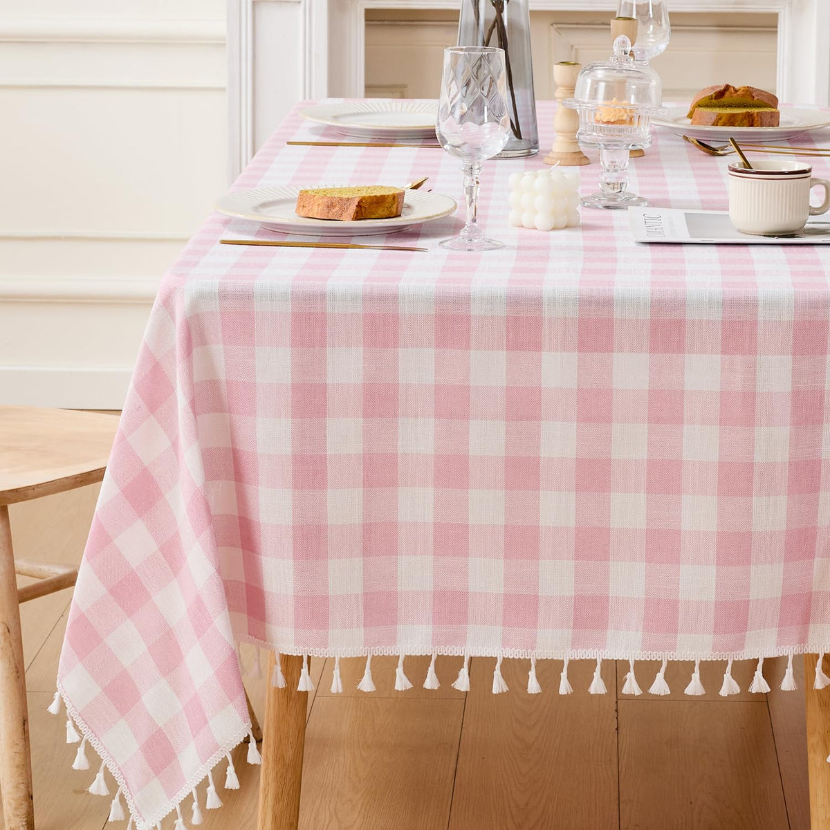 JIALE Gingham Tablecloth Rectangle Cotton Linen Fabric Checkered Table Cloth with Tassel Washable Wrinkle Free Buffalo Plaid Table Cover for Birthday Party Picnic Outdoor, Pink, 55x75