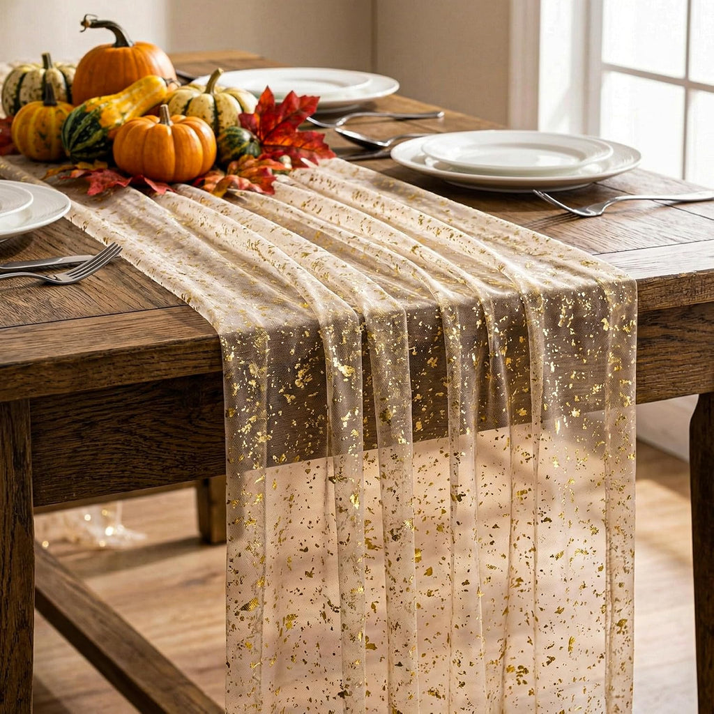 12PC Gold Gauze Table Runner 120 Inch 10FT Dining Wedding Baby Shower Holiday Birthday Sparkly Sheer Tulle Table Décor