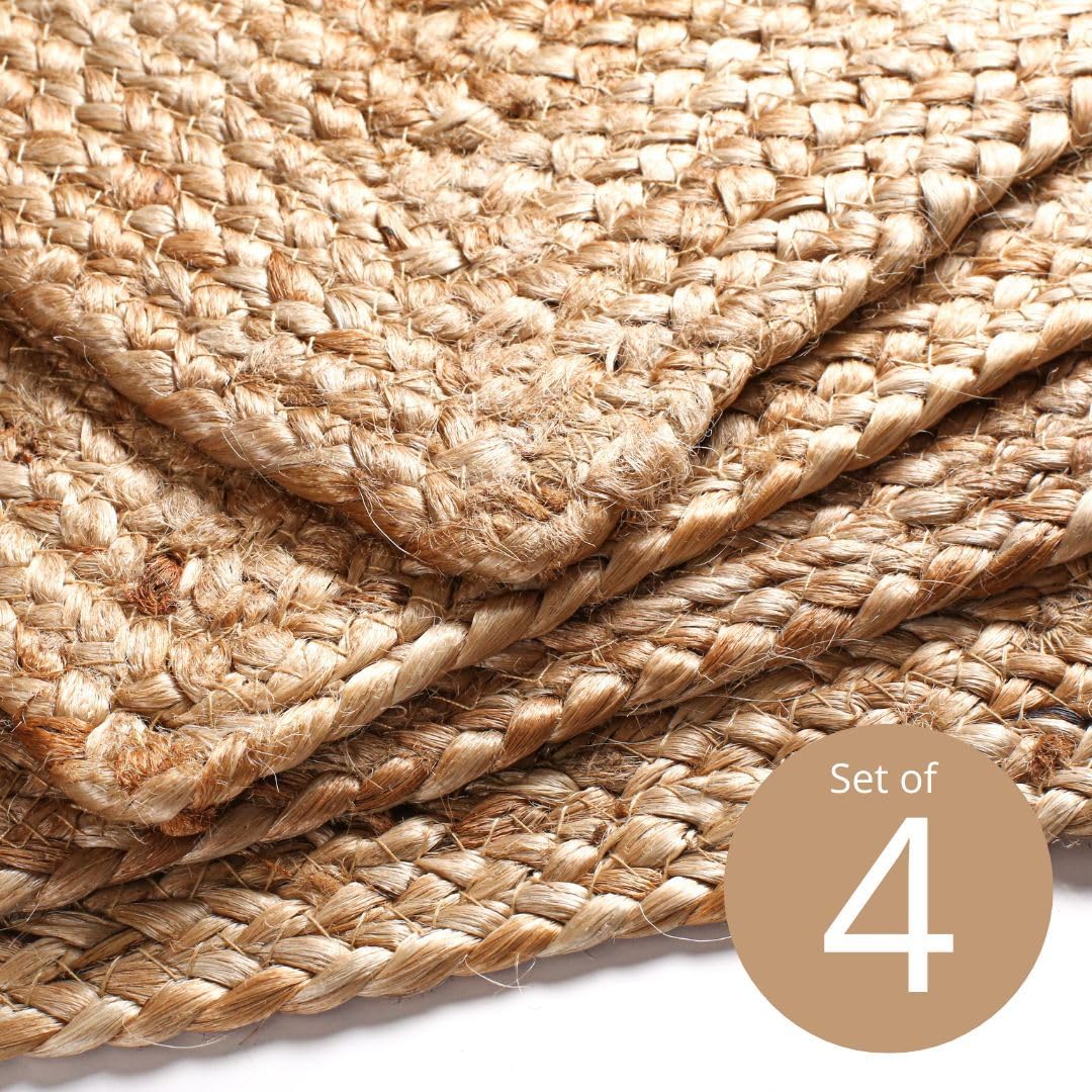 Jute Braided Placemats Set of 4 Reversible, 100% Jute, Nonslip 14x14 inch Square Farmhouse Vintage Jute Placemats for Dining Table, Perfect for Indoor Outdoor, Natural