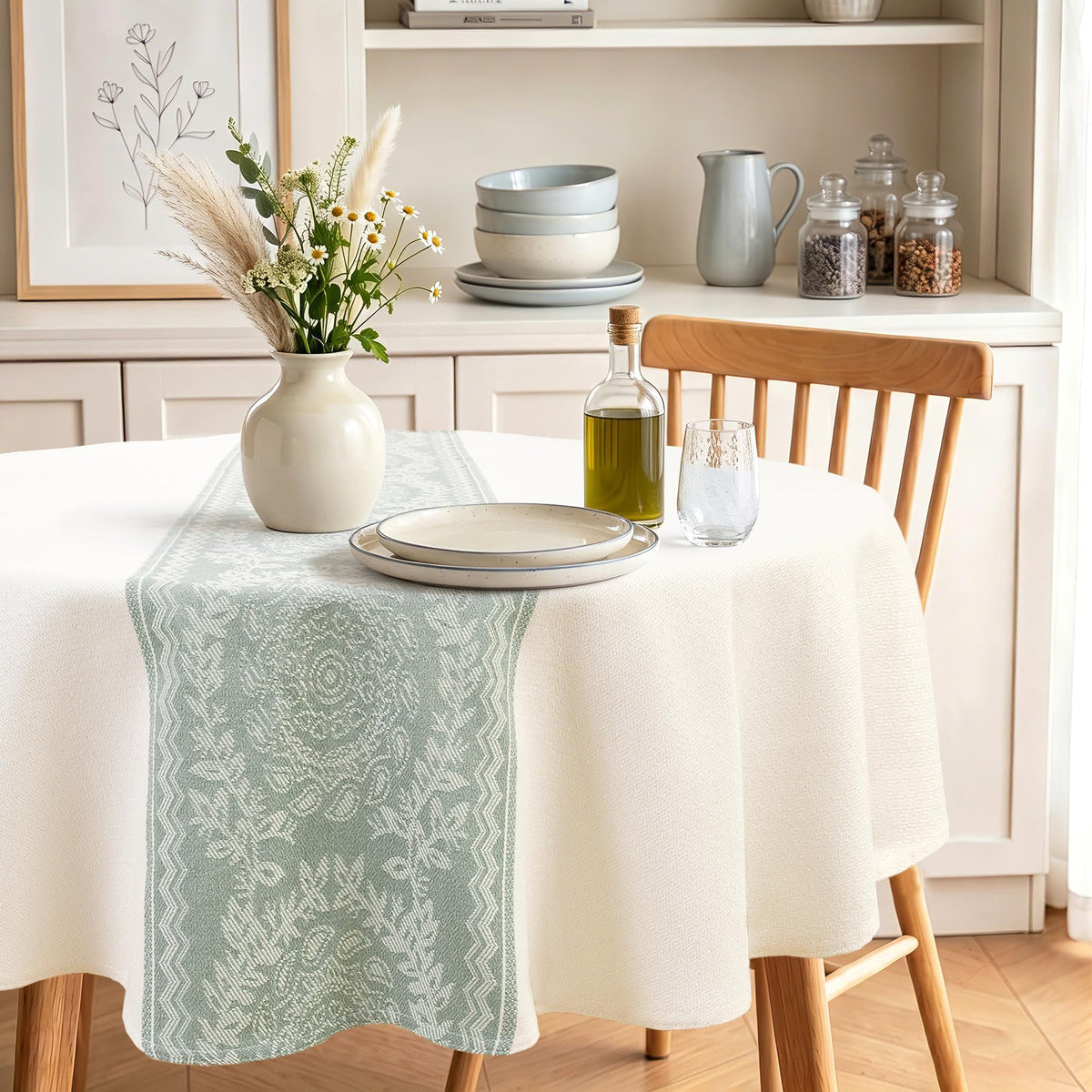JIUZHEN Round Table Cloth Faux Linen Farmhouse Tablecloth Wrinkle and Stain Resistant Decorative Fabric Table Cover for Kitchen, Dining Room, Parties and Camping, Beige, 90 Inch Round