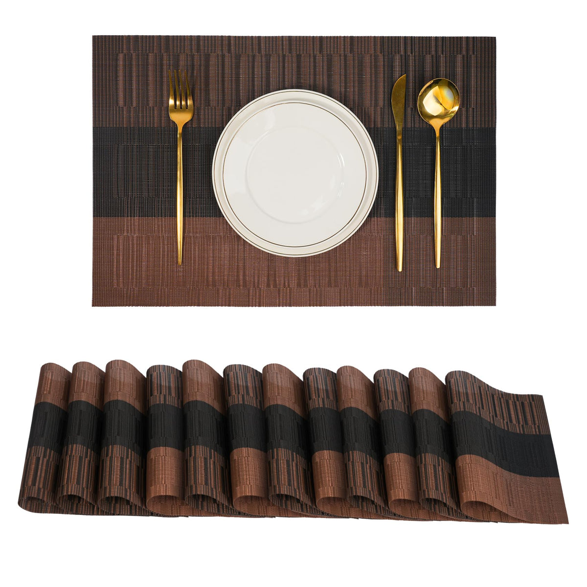 Placemats Set of 6，Non-Slip PVC Weave Table Mats Easy to Clean，Heat Resistant Place Mats for Kitchen Dining Table Decoration Indoor Outdoor，Black Gray