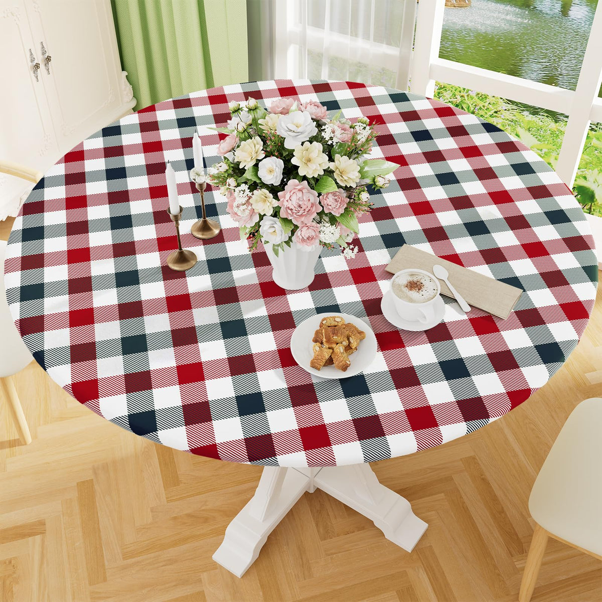 Smiry 45"-56" Picnic Table Cloth, Flannel Backed Vinyl Fitted Tablecloths