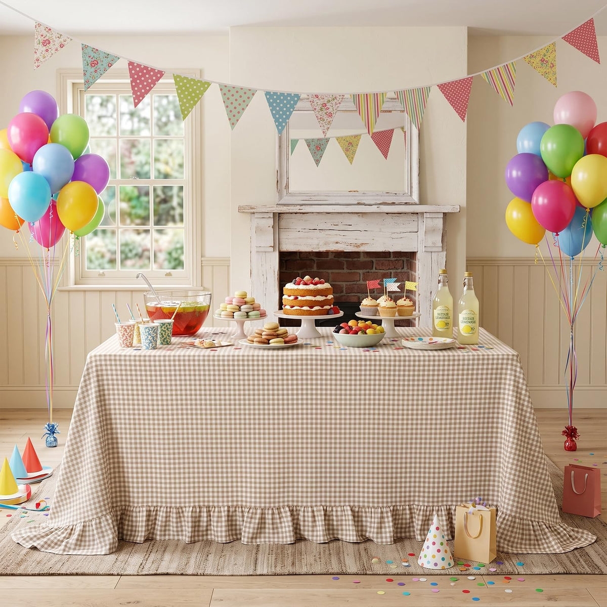PartyDelight Gingham Ruffle Tablecloth Butter Yellow Washed Cotton Checkered Rectangular Table Cover for Farmhouse Kitchen Cute Cottagecore Birthday Party Decor, Soft Vintage (60x102 Fits 6-9 Seats)