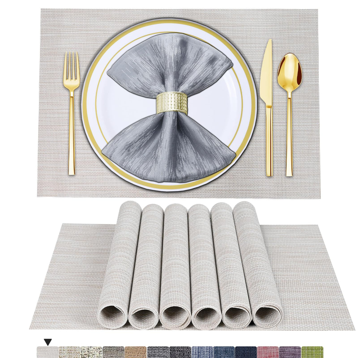 BETEAM Placemats Set of 8, Woven Vinyl Place Mats for Dining Table, Gray