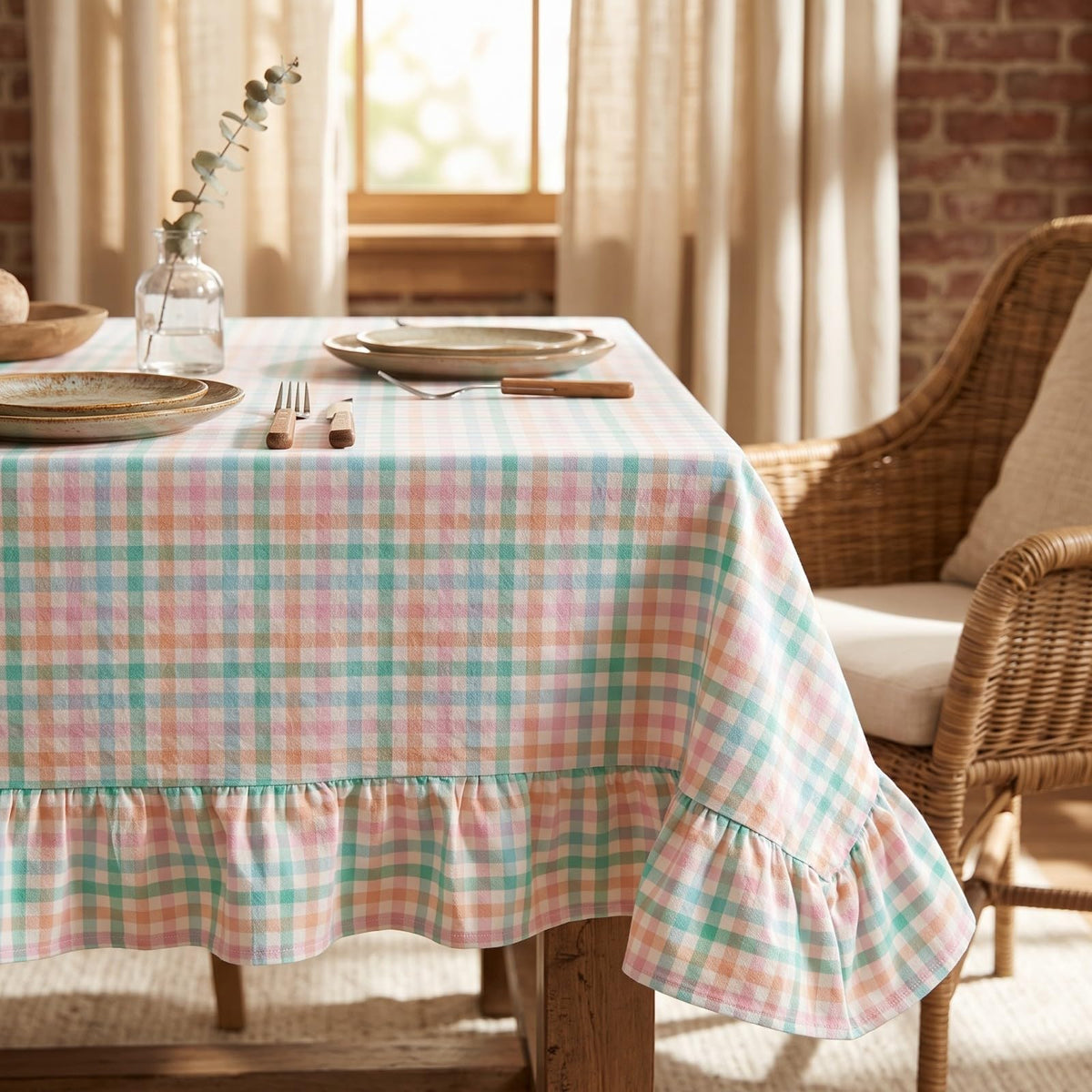 PartyDelight Gingham Ruffle Tablecloth Butter Yellow Washed Cotton Checkered Rectangular Table Cover for Farmhouse Kitchen Cute Cottagecore Birthday Party Decor, Soft Vintage (60x102 Fits 6-9 Seats)