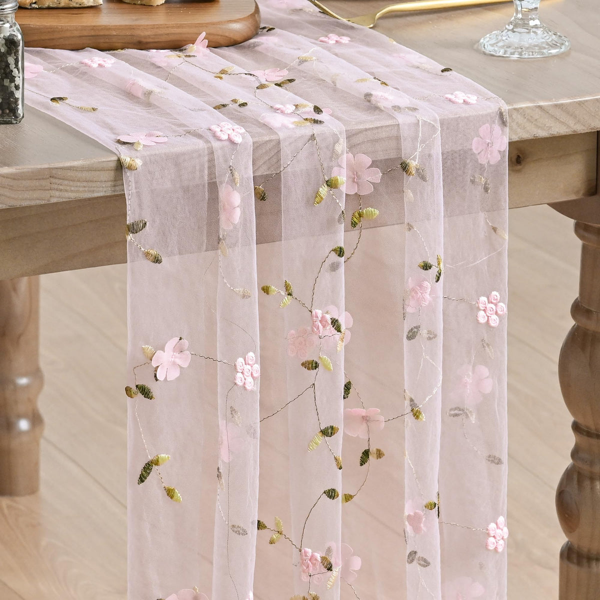 Artoid Mode Pink 3D Flower Gauze Embroidery Table Runner 120 Inch 10FT