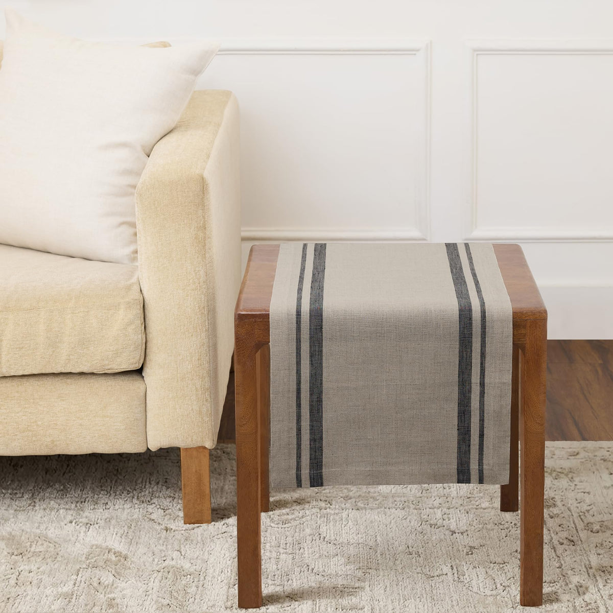 Solino Home 100% Pure Linen Table Runner, 14 x 108 in, Black, French Stripe