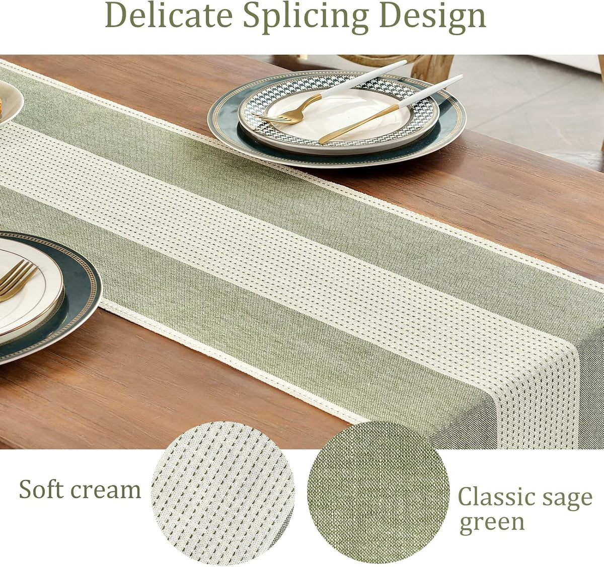 Wracra Linen Table Runner, Stripe Table Runners 72 Inches Sage Green