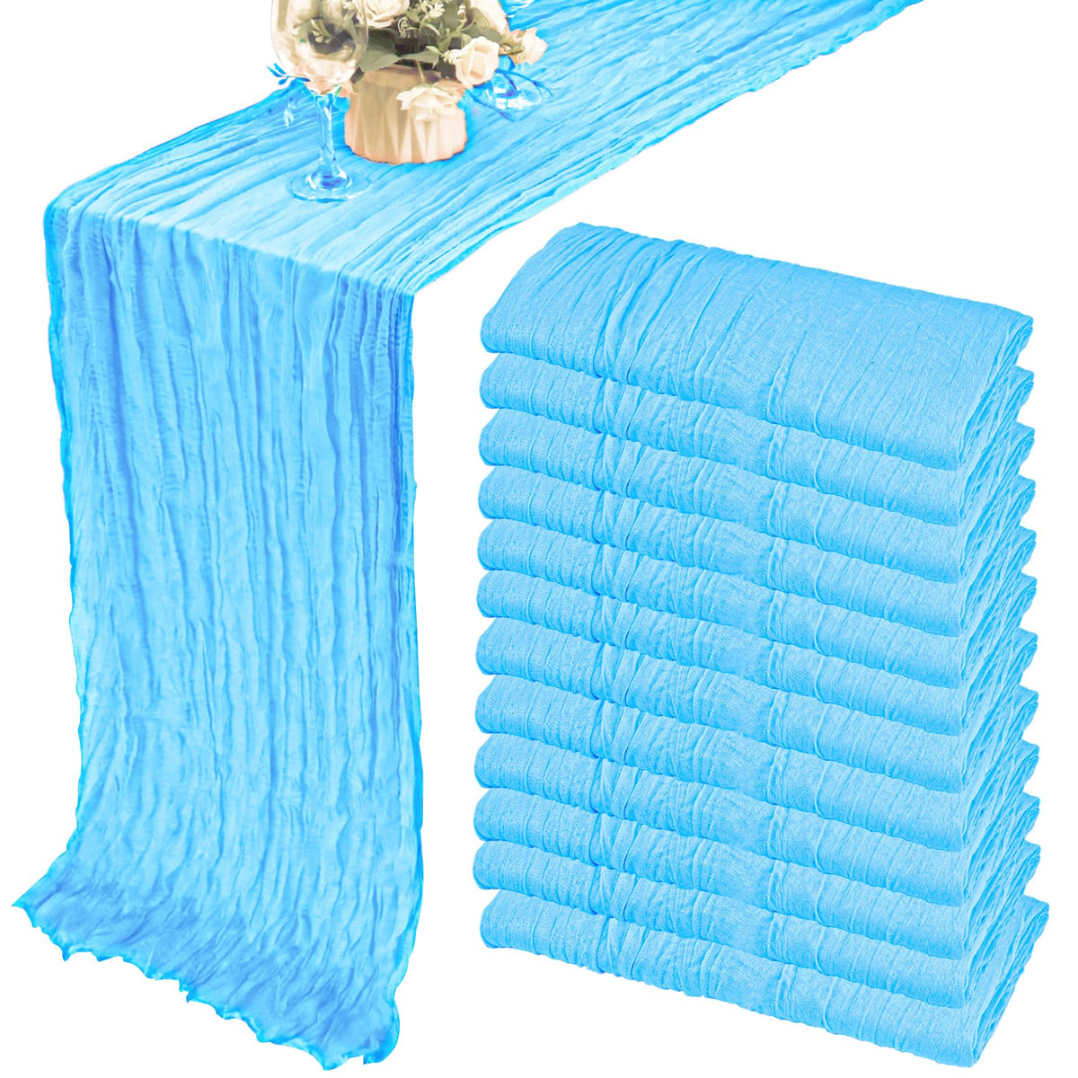 12 Pack 10Ft Cheesecloth Table Runner 35x120 Inch Boho Gauze Rustic Cheese Cloth Long Romantic Table Runner for Wedding Bridal Shower Birthday Party Table Decor (Beige)