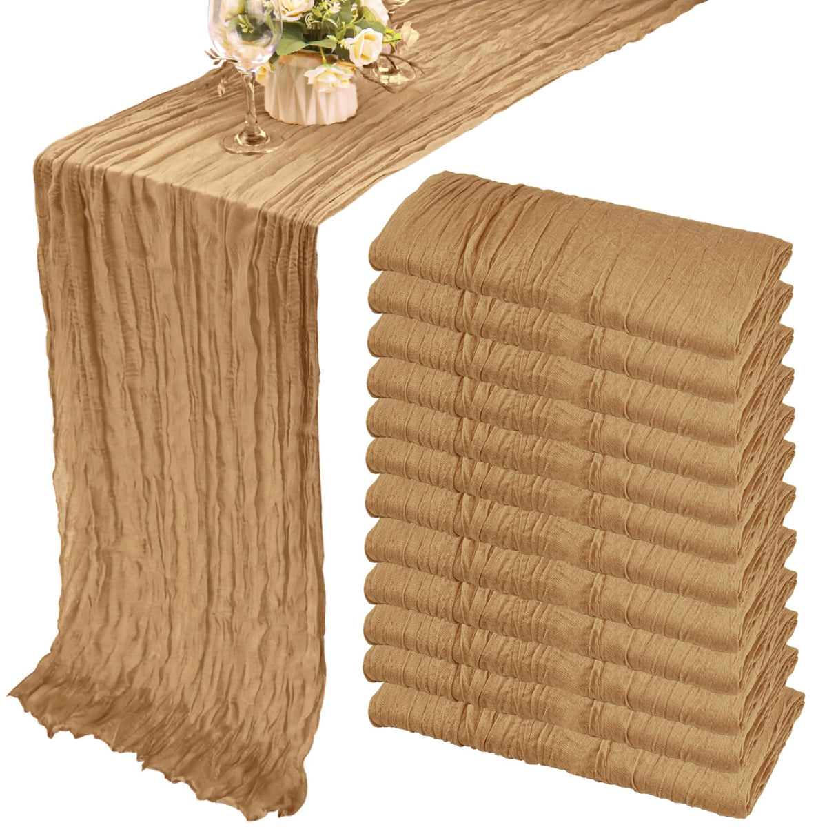 12 Pack 10Ft Cheesecloth Table Runner 35x120 Inch Boho Gauze Rustic Cheese Cloth Long Romantic Table Runner for Wedding Bridal Shower Birthday Party Table Decor (Beige)