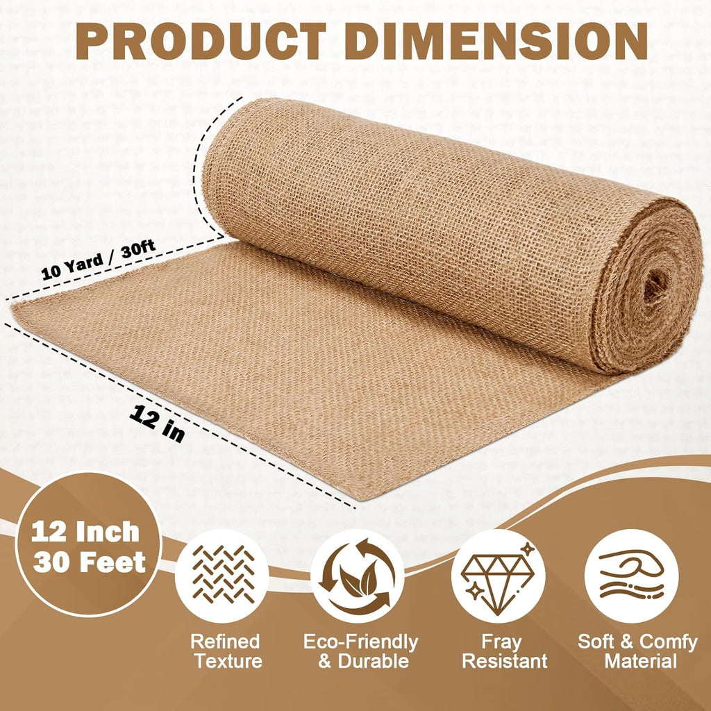 12" x 10 yd Burlap Table Runners, Jute Burlap Runner for Table, Fabric Roll with Finished Edges, Ideal for Weddings, Placemats, Crafts, Home Decoration, Gardening