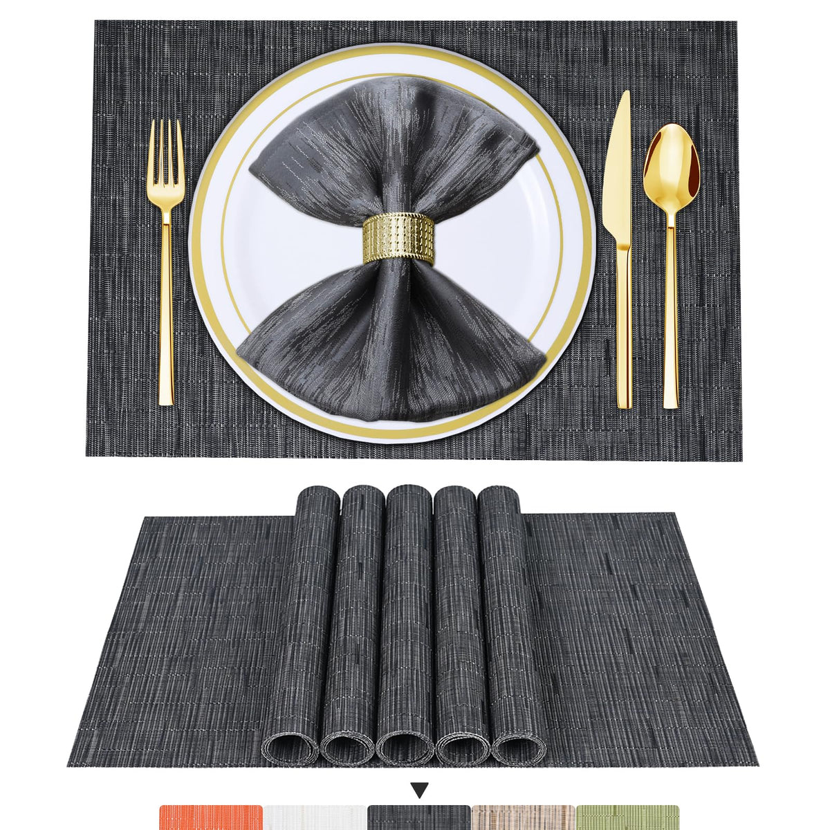 BETEAM Placemats Set of 8, Woven Vinyl Place Mats for Dining Table, Gray