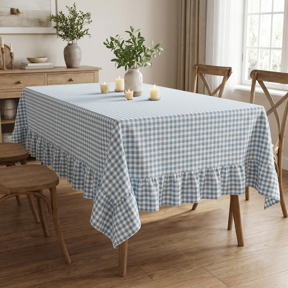 PartyDelight Gingham Ruffle Tablecloth Butter Yellow Washed Cotton Checkered Rectangular Table Cover for Farmhouse Kitchen Cute Cottagecore Birthday Party Decor, Soft Vintage (60x102 Fits 6-9 Seats)