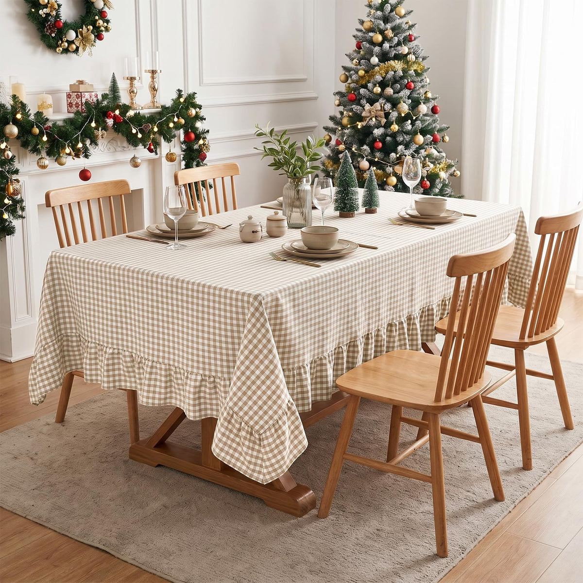PartyDelight Gingham Ruffle Tablecloth Butter Yellow Washed Cotton Checkered Rectangular Table Cover for Farmhouse Kitchen Cute Cottagecore Birthday Party Decor, Soft Vintage (60x102 Fits 6-9 Seats)