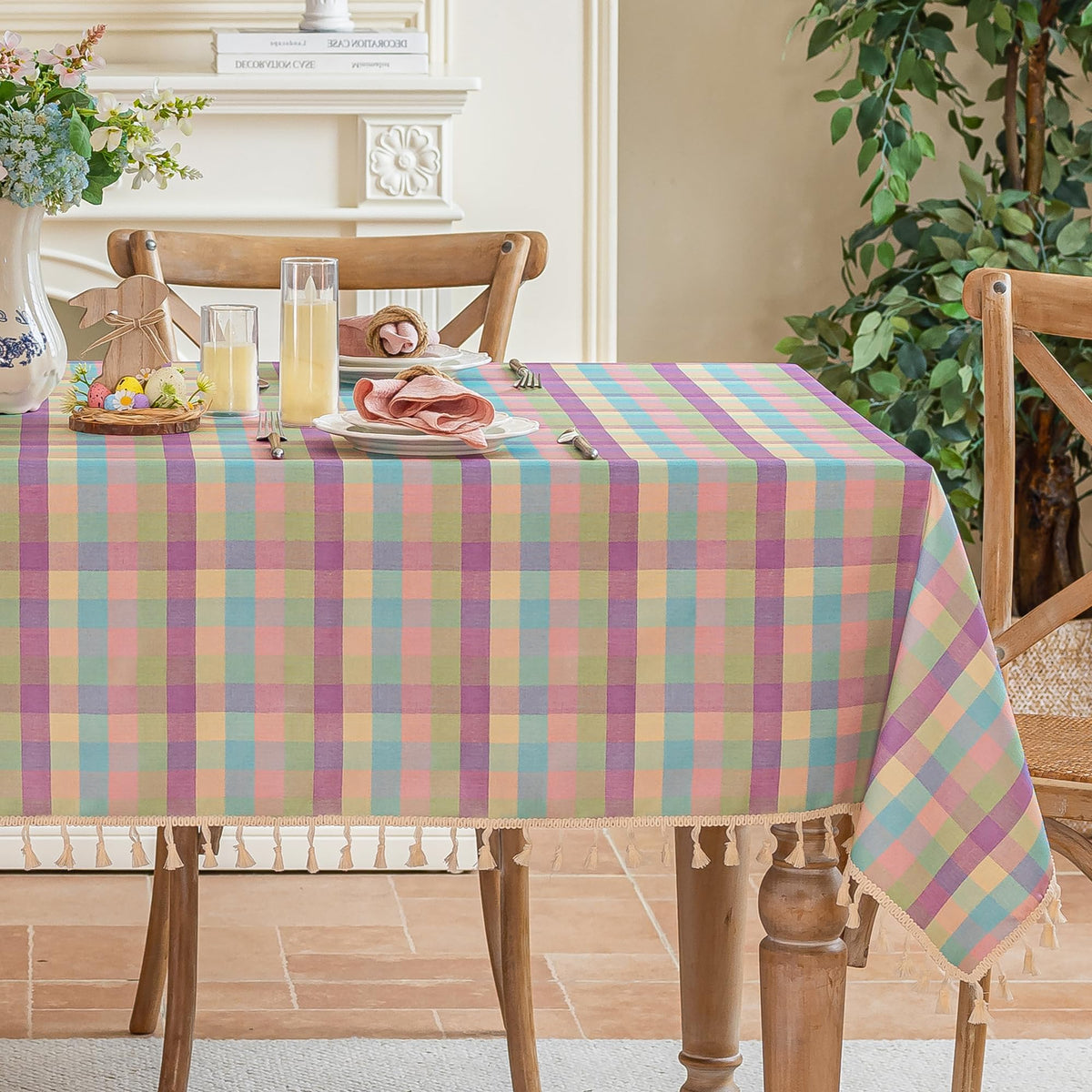 JIALE Gingham Tablecloth Rectangle Cotton Linen Fabric Checkered Table Cloth with Tassel Washable Wrinkle Free Buffalo Plaid Table Cover for Birthday Party Picnic Outdoor, Pink, 55x75