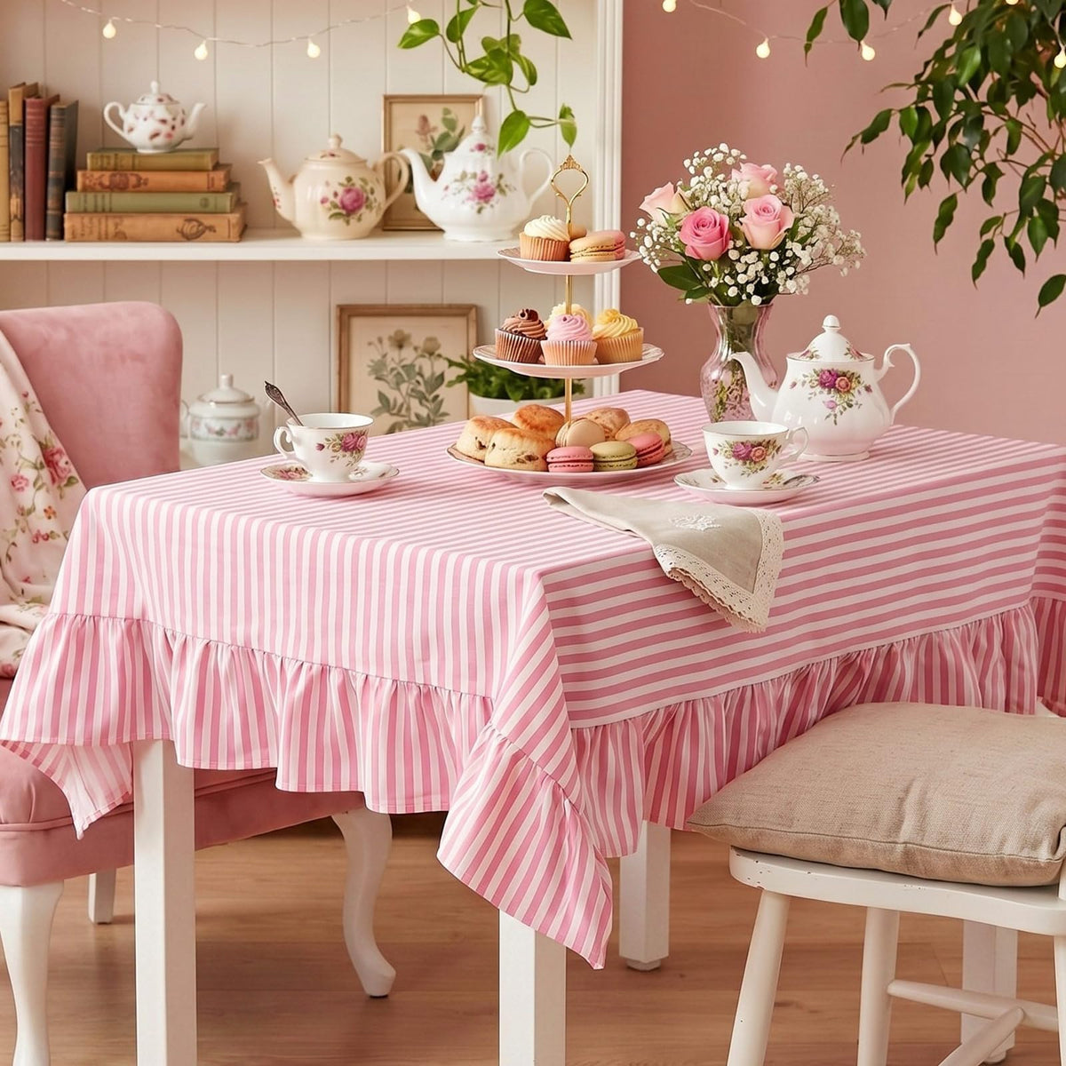 Mindsoft Pink Striped Ruffled Rectangular Tablecloth 60 x 120 Inches
