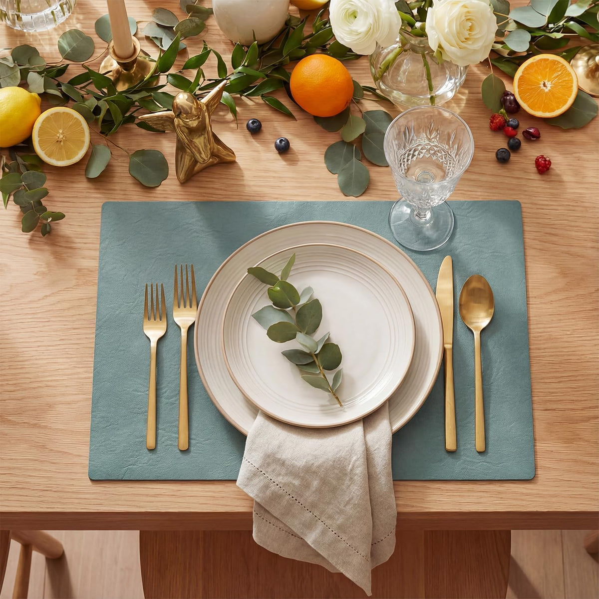 Artoid Mode Olive Green Faux Leather Placemats Set of 6, 15 Inch Waterproof Wipeable Heat Resistant Vinyl Place Mats, Reversible Table Mats for Kitchen Dining Decor