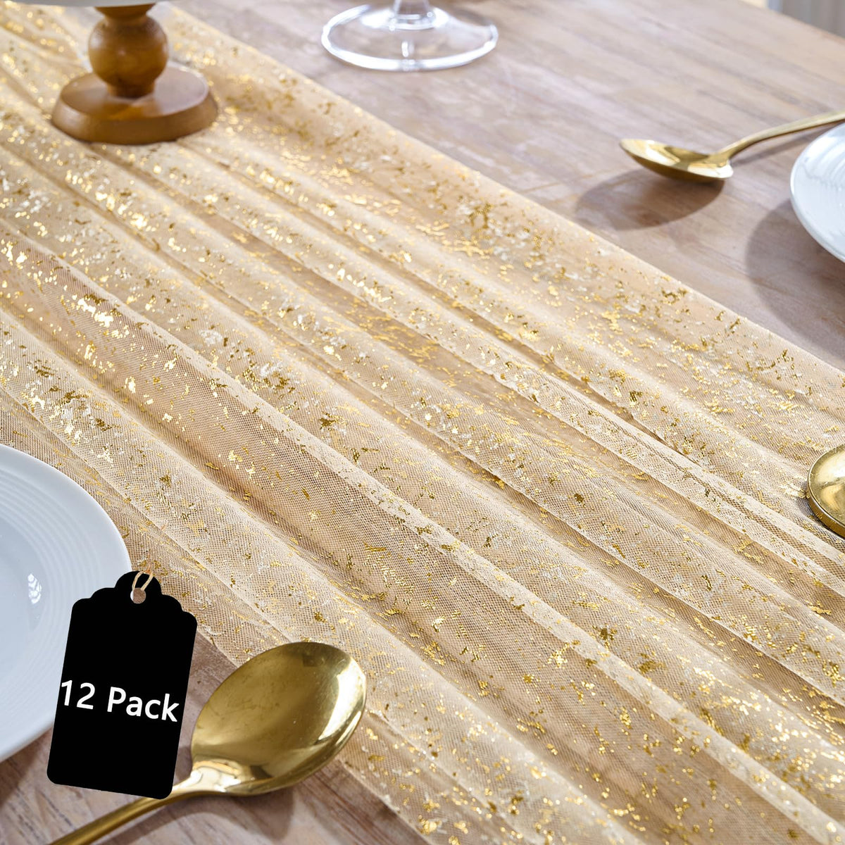 12PC Gold Gauze Table Runner 120 Inch 10FT Dining Wedding Baby Shower Holiday Birthday Sparkly Sheer Tulle Table Décor