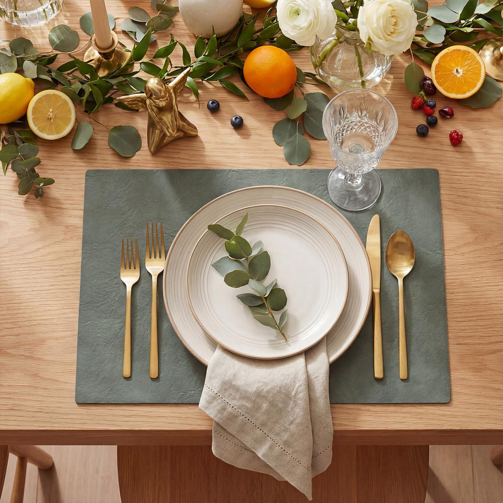 Artoid Mode Olive Green Faux Leather Placemats Set of 6, 15 Inch Waterproof Wipeable Heat Resistant Vinyl Place Mats, Reversible Table Mats for Kitchen Dining Decor