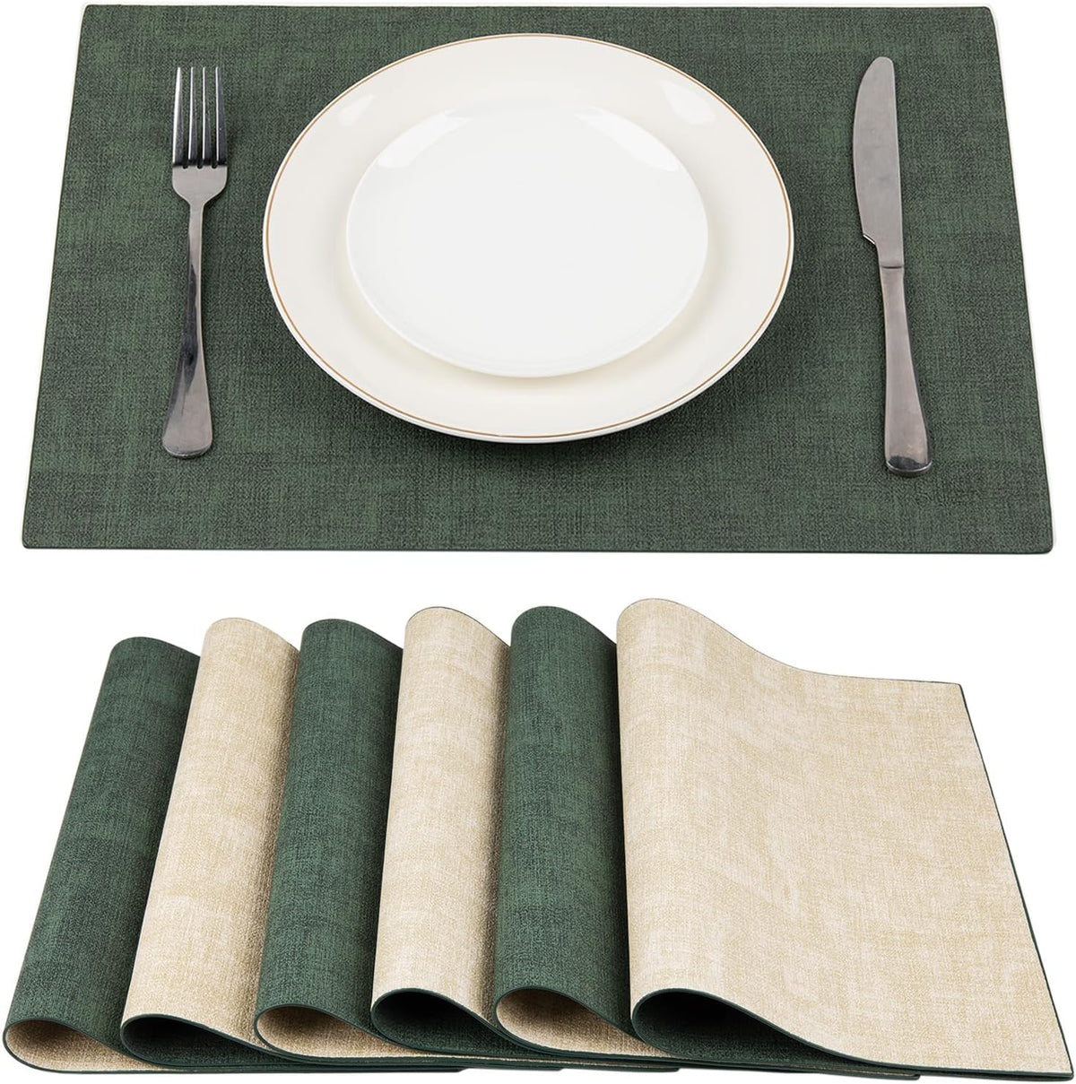 SUEH DESIGN Leather Placemats Table Mats Set of 6, Dark Green and Beige