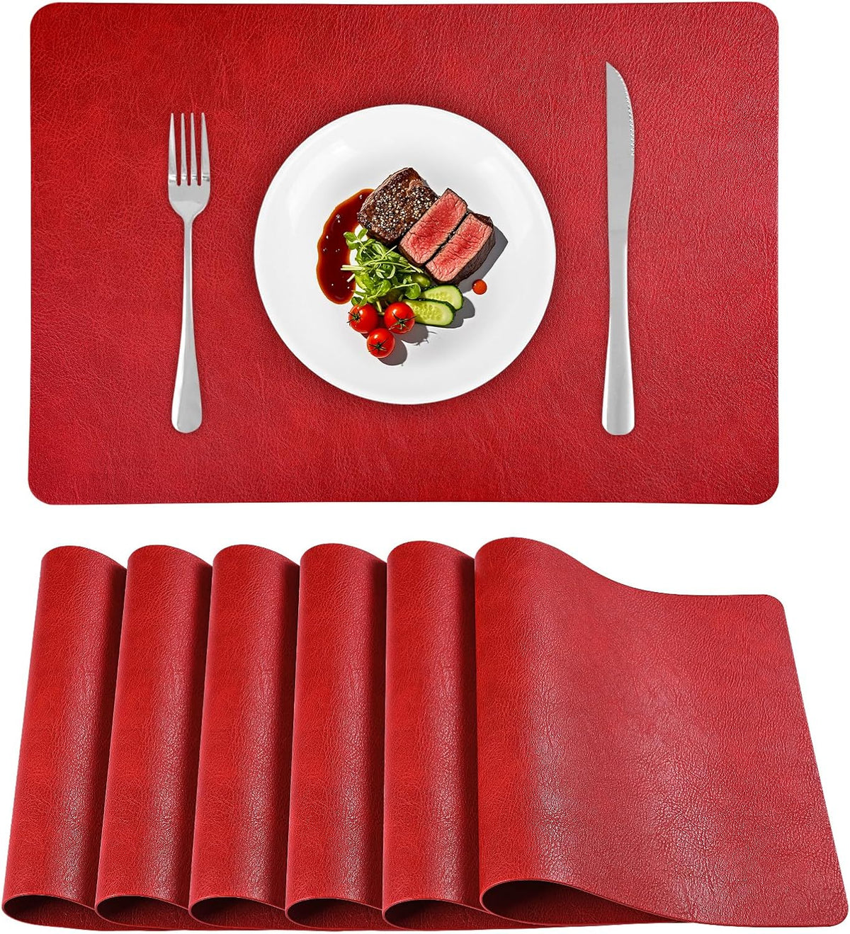 Faux Leather Placemats Set of 6, Washable Place Mats, Vinyl Placemats Wipeable Waterproof Oil-Proof Heat Resistant PU Table Mats for Dining, Kitchen, Hotel,43 * 30cm,Red